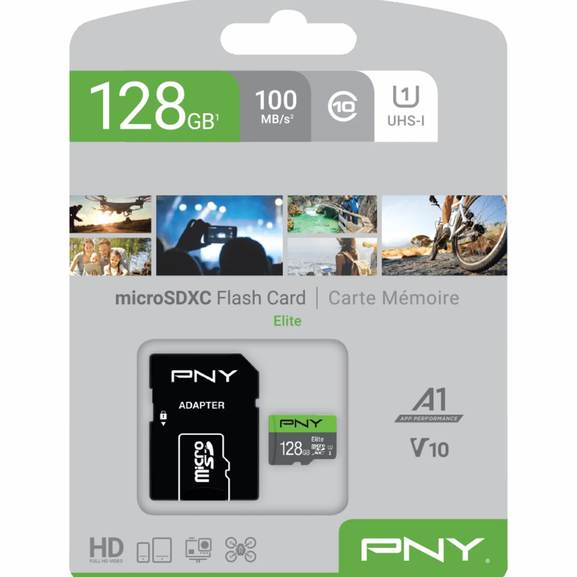 PNY Elite Memoria Flash 128 GB MicroSDXC Clase 10 UHS-I - Tarjeta de Memoria (128 GB, MicroSDXC, Clase 10, UHS-I, Class 1 (U1), V10), Verde/Gris