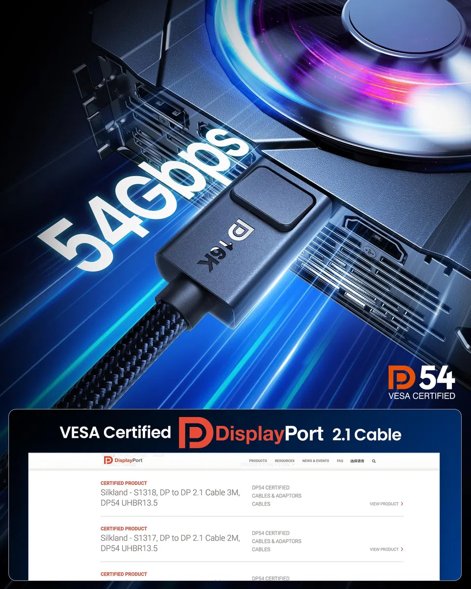 Silkland 54Gbps Cable DisplayPort 2.1 3m [Certificado VESA] DP54, [8K@165Hz, 4K@480Hz 360Hz 240Hz] DP cable 16K, HDR10 FreeSync G-Sync DisplayPort 2.1 cable para monitor gaming 360Hz, PC, 5090, 7090