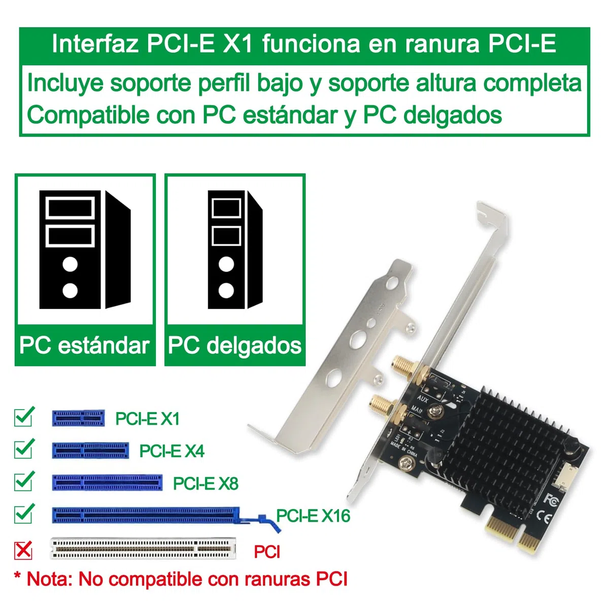 Tarjeta WiFi PCIe - Dual Band 2,4 GHz y 5 GHz + Bluetooth 4.2 - Adaptador inalámbrico PCI-E con Soporte Low Profile y disipador de Calor - para PC Gaming y sobremesa - Compatible con Windows y Linux