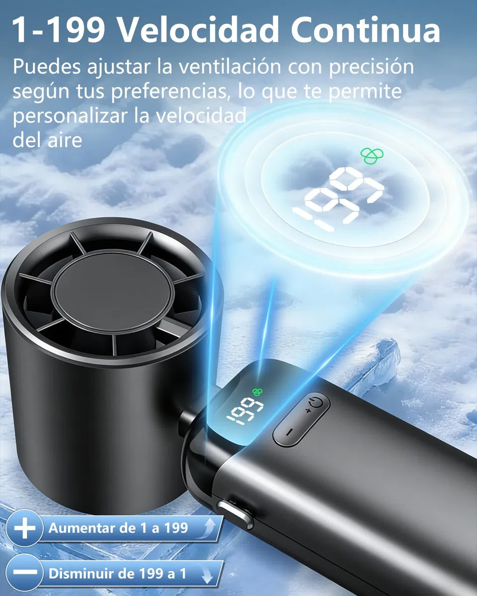 DDKJ Ventilador de Mano Turbo,Aire de Alta Velocidad, 5 Velocidades + 199 Ajustes Continuos, Batería Hasta 10 Horas,Pantalla LED, Portatil para Viajes, Oficina, Deportes y Exteriores-Negro
