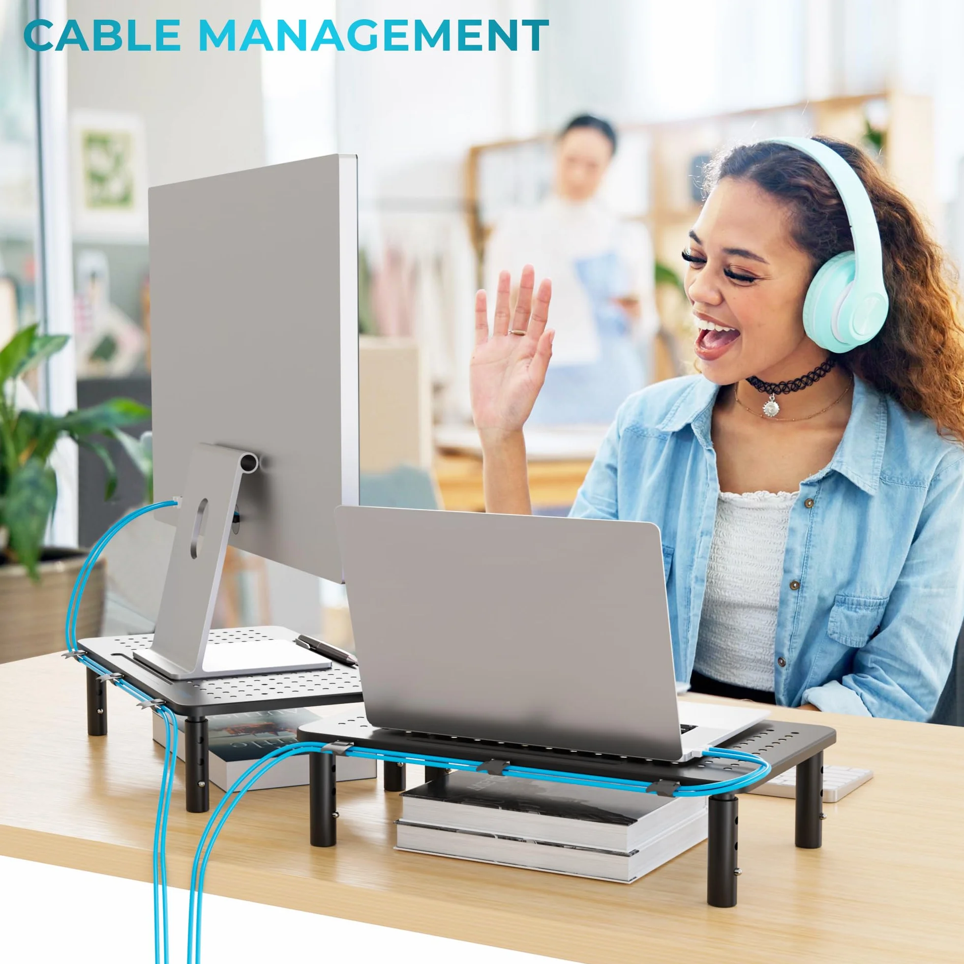 BONTEC Soporte para Monitor de Ergonómico, Tres Niveles de Altura Ajustable | Elevador Monitor de Metal de Calidad, Soporte Monitor, Capacidad hasta 20 kg, L368 x W231mm, (Paquete de 2)