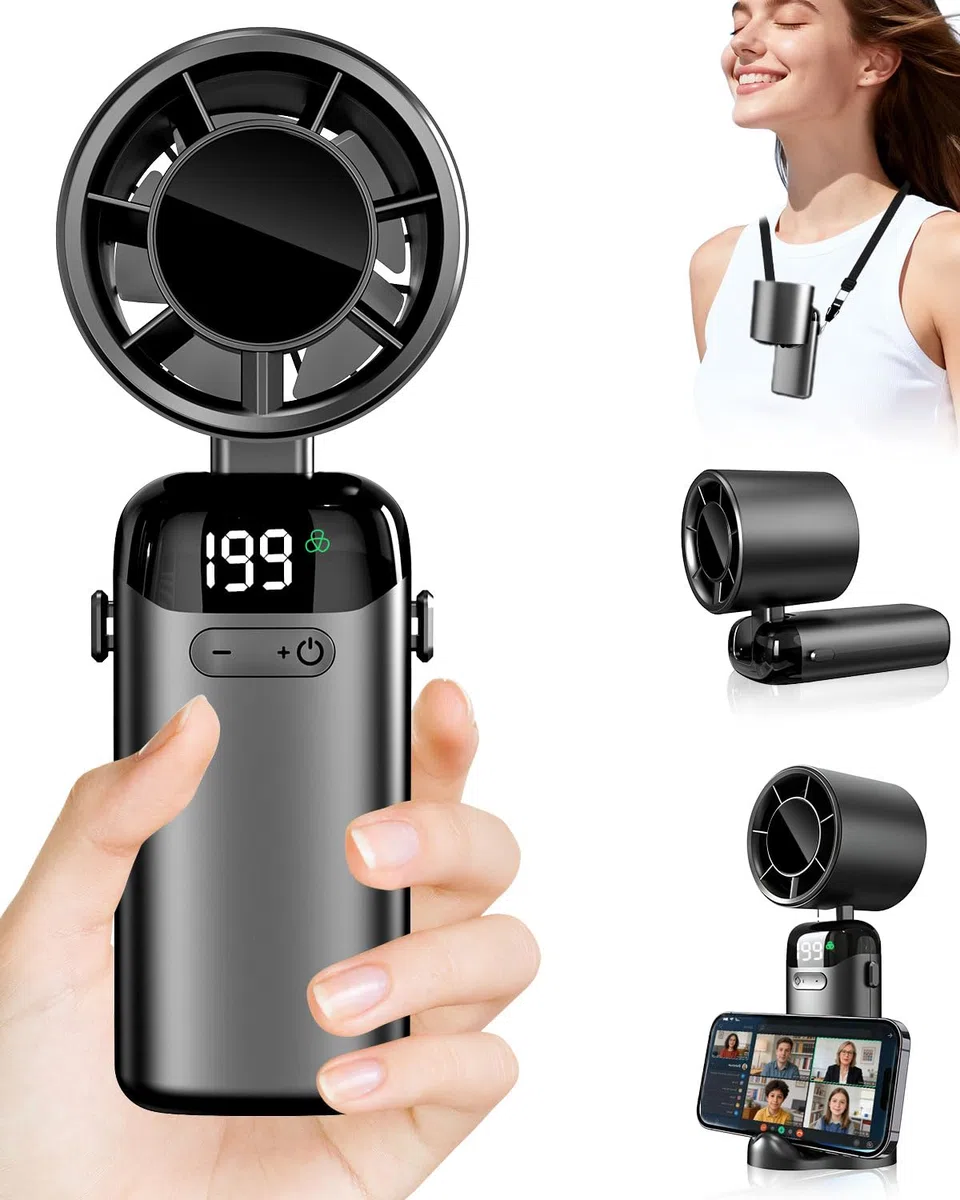 DDKJ Ventilador de Mano Turbo,Aire de Alta Velocidad, 5 Velocidades + 199 Ajustes Continuos, Batería Hasta 10 Horas,Pantalla LED, Portatil para Viajes, Oficina, Deportes y Exteriores-Negro