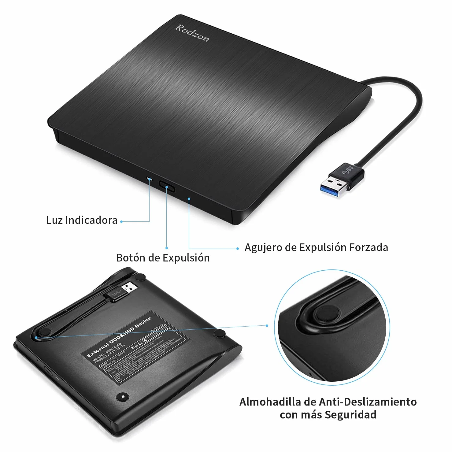 Rodzon Grabadora Externa USB 3.0, Unidades Portátil CD/DVD /-RW/ROM Estable con Lector/Quemador/Re - Quemador para Win 10/8 / 7 / XP/Vista/Linux/Mac OS