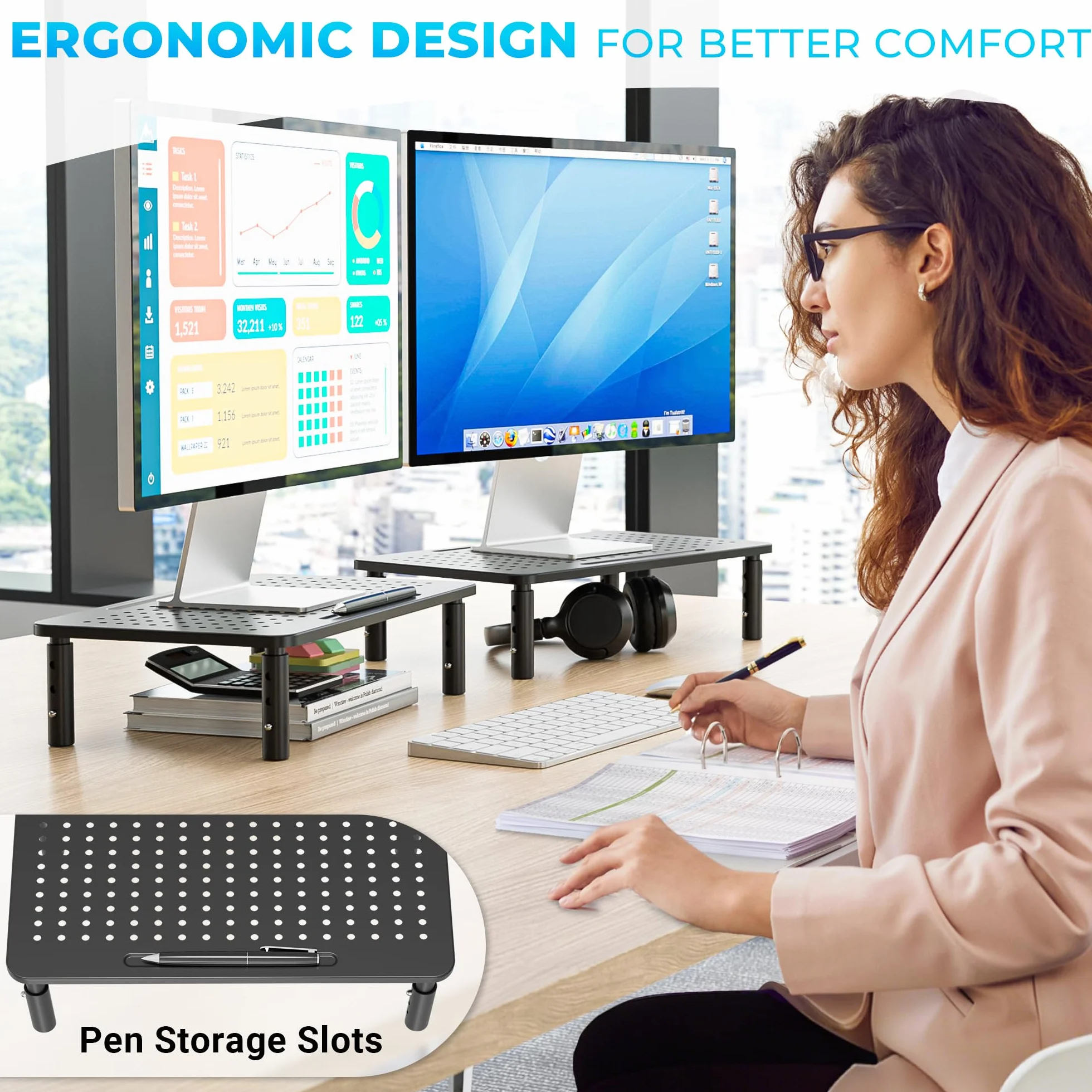 BONTEC Soporte para Monitor de Ergonómico, Tres Niveles de Altura Ajustable | Elevador Monitor de Metal de Calidad, Soporte Monitor, Capacidad hasta 20 kg, L368 x W231mm, (Paquete de 2)