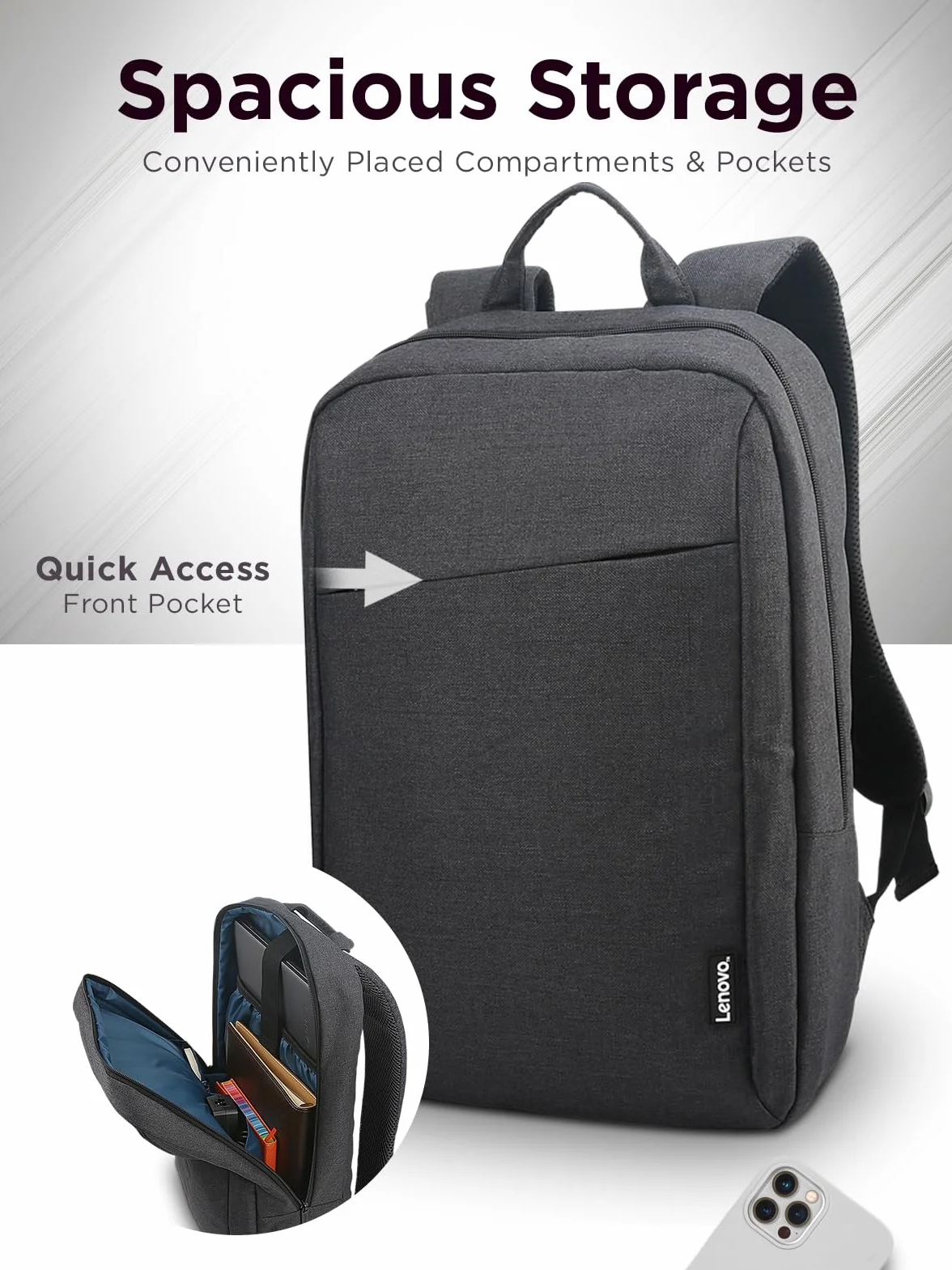 Lenovo Mochila B210 para ordenadores portátiles de 15.6 pulgadas, mochila ligera y repelente al agua, color negro