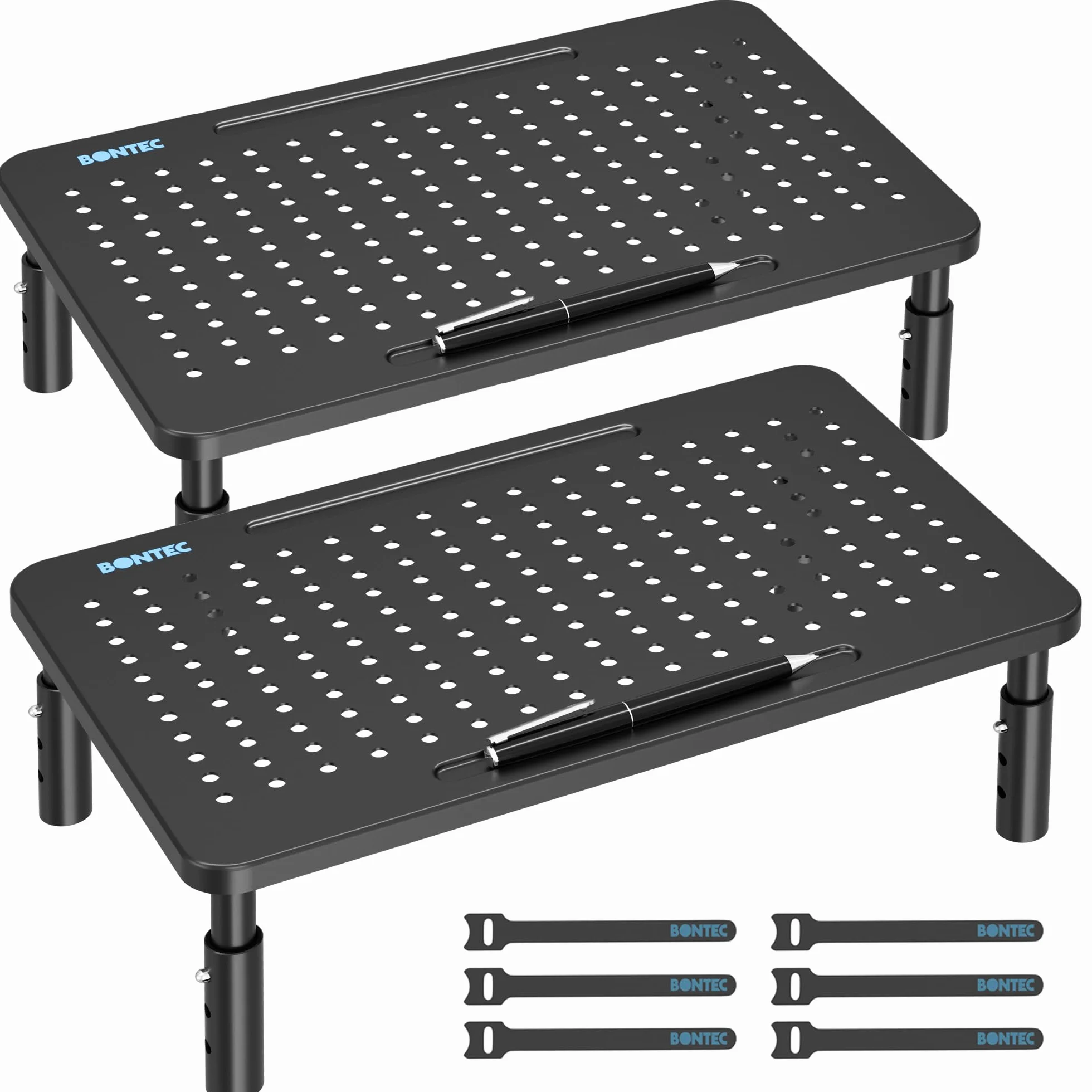 BONTEC Soporte para Monitor de Ergonómico, Tres Niveles de Altura Ajustable | Elevador Monitor de Metal de Calidad, Soporte Monitor, Capacidad hasta 20 kg, L368 x W231mm, (Paquete de 2)
