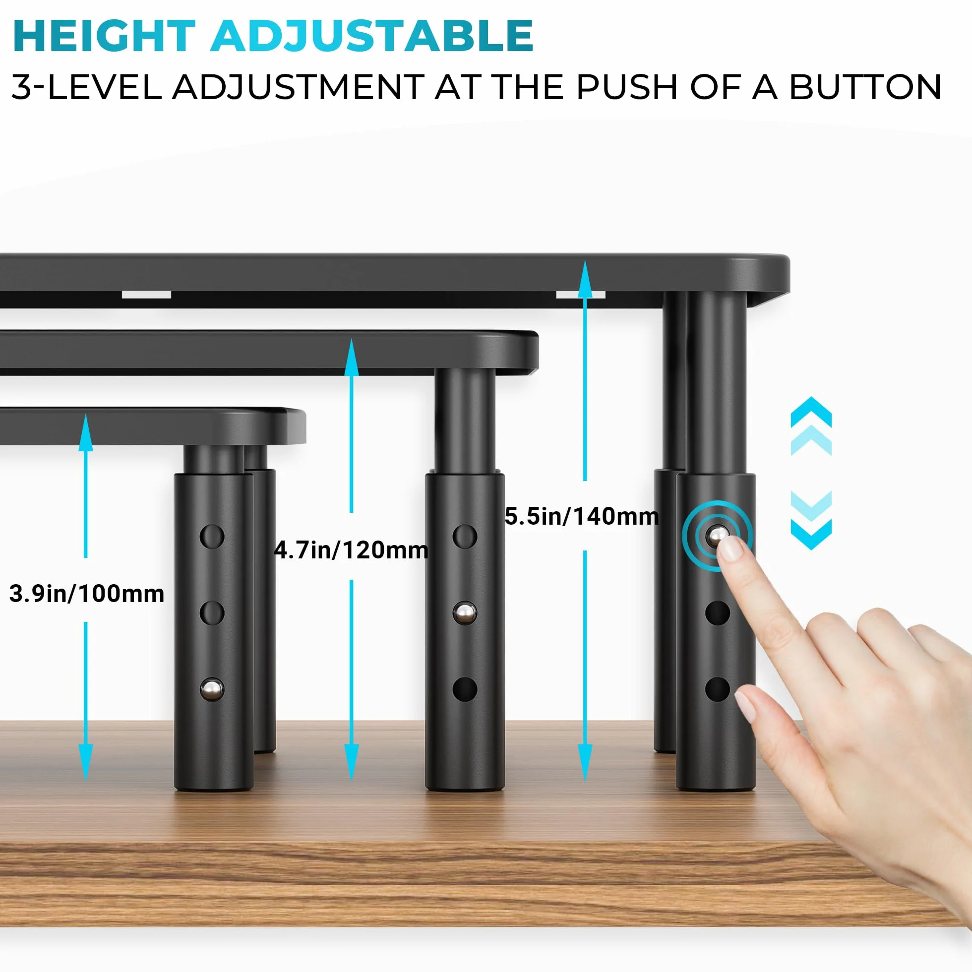 BONTEC Soporte para Monitor de Ergonómico, Tres Niveles de Altura Ajustable | Elevador Monitor de Metal de Calidad, Soporte Monitor, Capacidad hasta 20 kg, L368 x W231mm, (Paquete de 2)