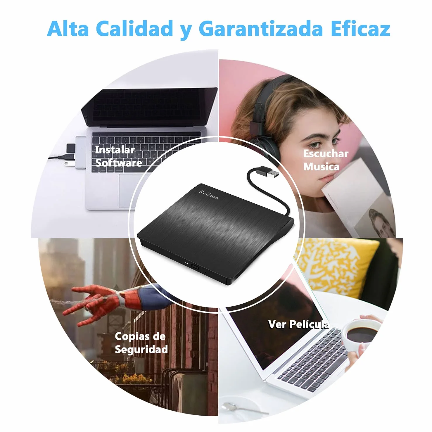 Rodzon Grabadora Externa USB 3.0, Unidades Portátil CD/DVD /-RW/ROM Estable con Lector/Quemador/Re - Quemador para Win 10/8 / 7 / XP/Vista/Linux/Mac OS