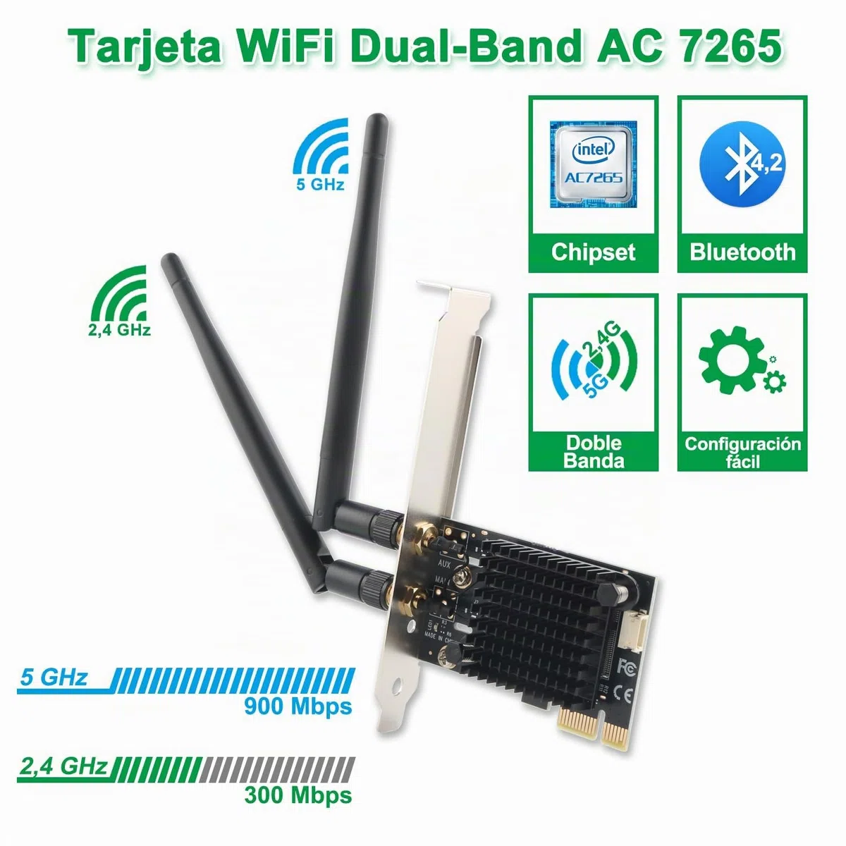 Tarjeta WiFi PCIe - Dual Band 2,4 GHz y 5 GHz + Bluetooth 4.2 - Adaptador inalámbrico PCI-E con Soporte Low Profile y disipador de Calor - para PC Gaming y sobremesa - Compatible con Windows y Linux