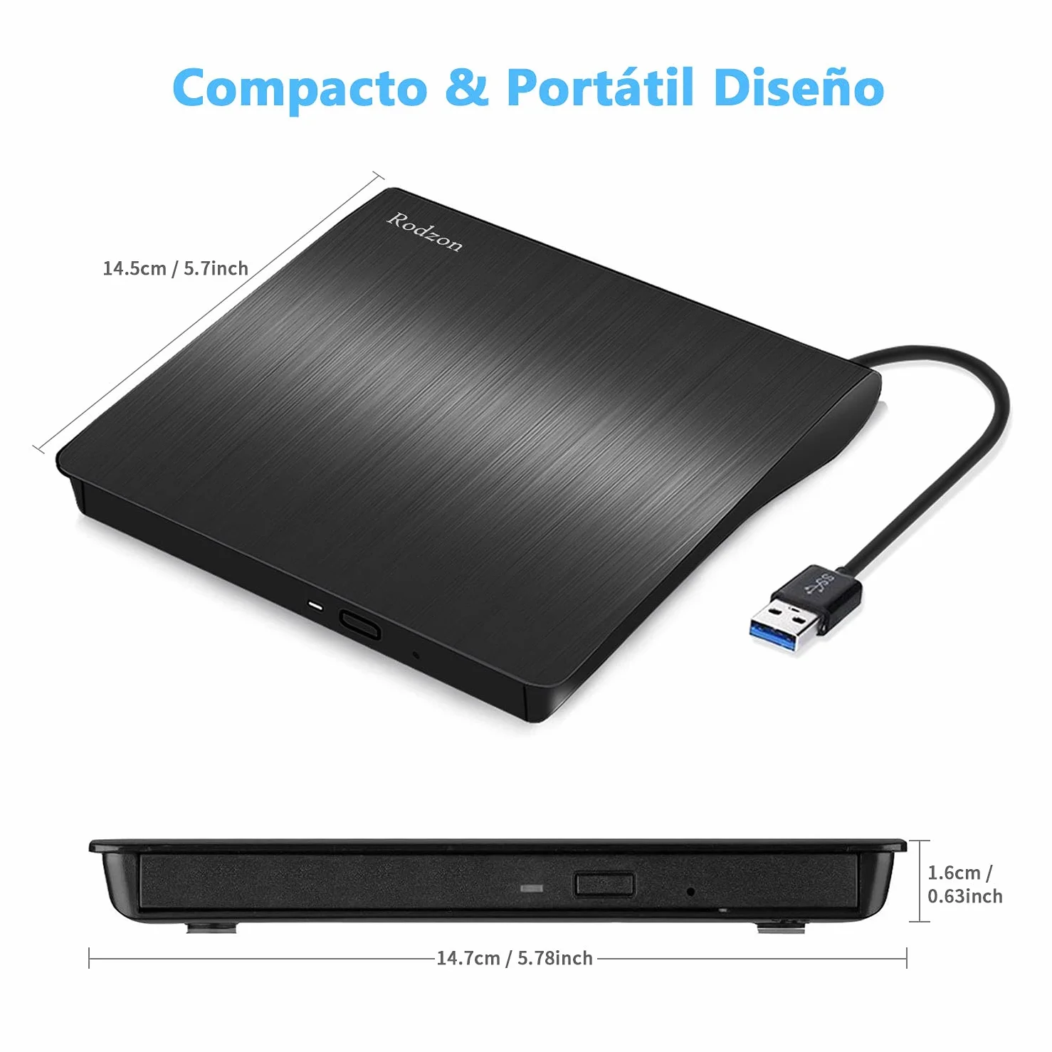 Rodzon Grabadora Externa USB 3.0, Unidades Portátil CD/DVD /-RW/ROM Estable con Lector/Quemador/Re - Quemador para Win 10/8 / 7 / XP/Vista/Linux/Mac OS