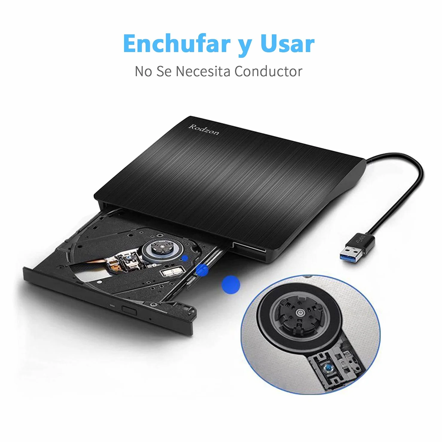 Rodzon Grabadora Externa USB 3.0, Unidades Portátil CD/DVD /-RW/ROM Estable con Lector/Quemador/Re - Quemador para Win 10/8 / 7 / XP/Vista/Linux/Mac OS
